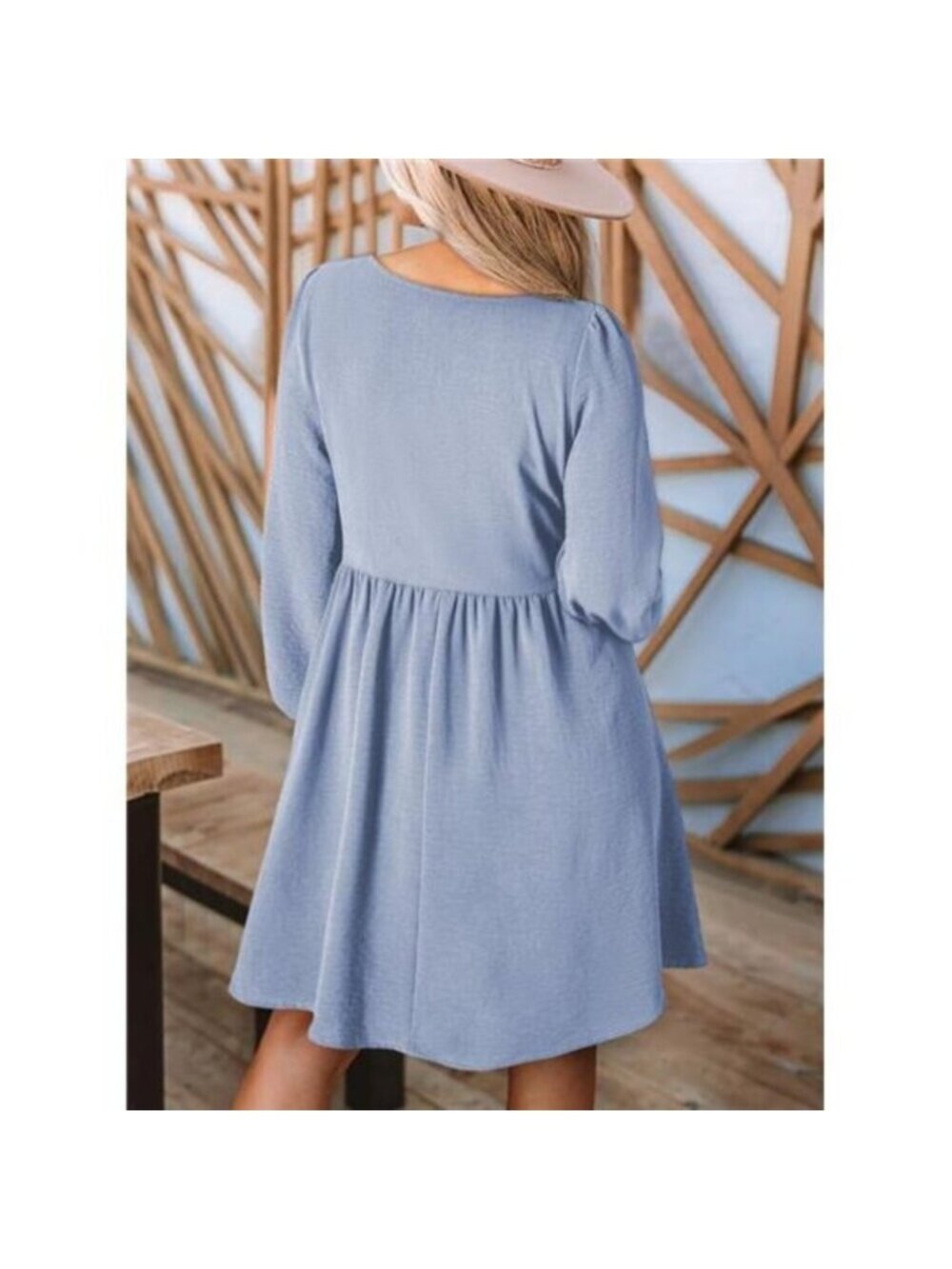 Womens 2025 Casual Dress Smocked Crewneck Button Up Long Sleeve Empire Sky Blue - Picture 2 of 4
